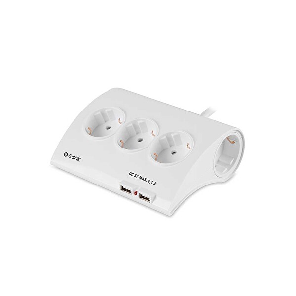 S-Link SPG9-5-15 Akım Koruma ve 2 Adet 2.1 A USB Şarj Soketli Beşli Masaüstü Grup Priz