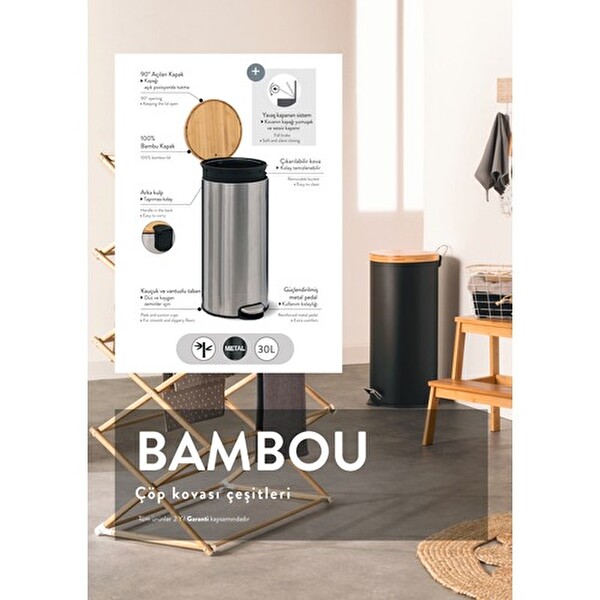 5five Simply Smart Bambu 30 L Paslanmaz Çelik Çöp Kovası