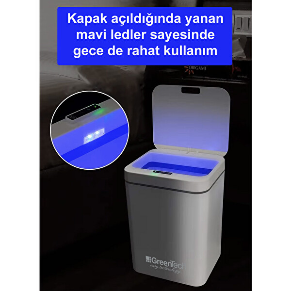 Greentech Sensörlü 16 Litre Şarj Edilebilir Lityum Pilli Çöp Kovası GT-SC03