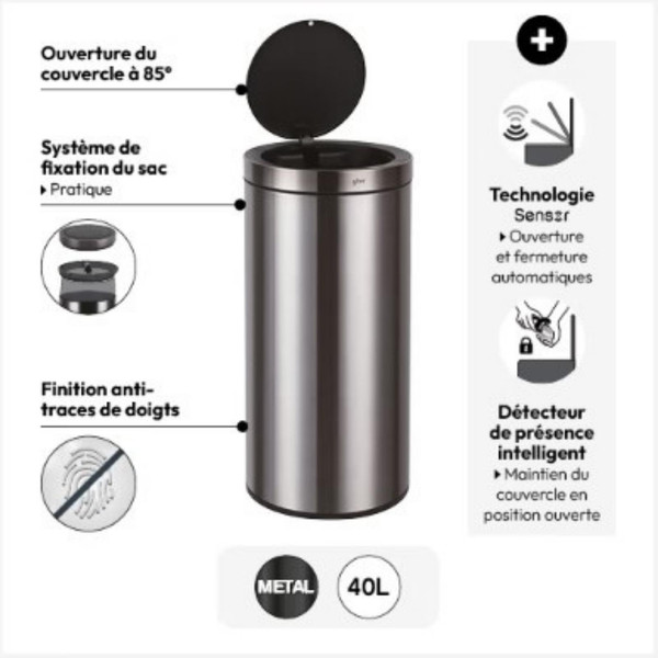 5five Simply Smart Delta Otomatik Sensörlü 40 L Çöp Kutusu Siyah