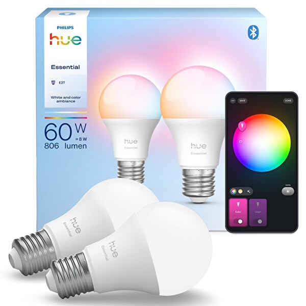 Philips Hue Essential 8W E27 806 Lumen Renkli Akıllı Ampul A60 - 2'li Ekopaket