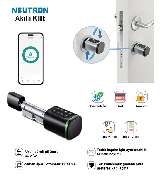 Neutron NTL-SC-02FKPB Parmak İzi Anahtarlı Tuşlu Kartlı Uzaktan Kontrollü Akıllı Kapı Kilidi