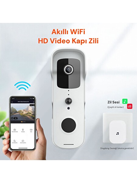 Yeco BD-10 Akıllı Görüntülü Kapı Zili Hareket Sensörlü IP66 WiFi Çift Yönlü Ses Beyaz