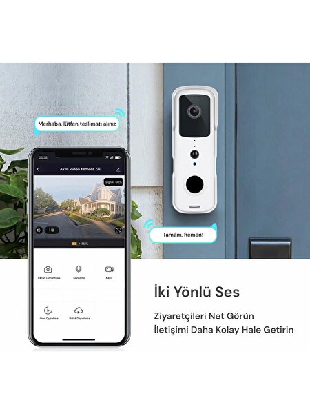 Yeco BD-10 Akıllı Görüntülü Kapı Zili Hareket Sensörlü IP66 WiFi Çift Yönlü Ses Beyaz