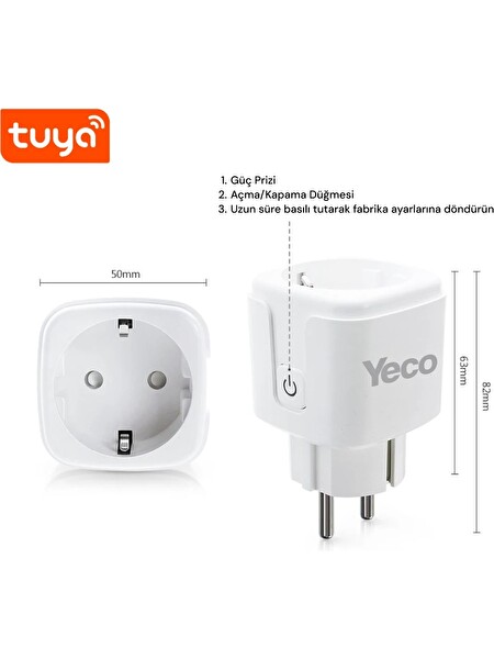Yeco SP-16 Akıllı Priz Wifi Uyumlu Telefonla Kontrol 16A Akım Korumalı Enerji İzleme 2 Adet