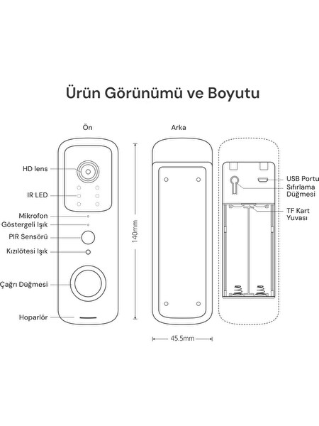 Yeco BD-10 Akıllı Görüntülü Kapı Zili Hareket Sensörlü IP66 Wi-Fi Çift Yönlü Ses-Siyah