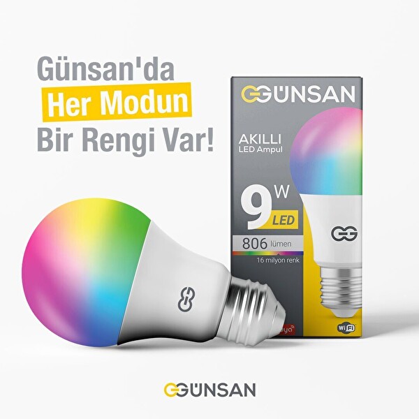Günsan Akıllı Wifi LED Ampul RGB Çok Renkli Sesli Komut & Tuya & Smart Life Uyumlu