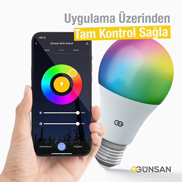 Günsan Akıllı Wifi LED Ampul RGB Çok Renkli Sesli Komut & Tuya & Smart Life Uyumlu