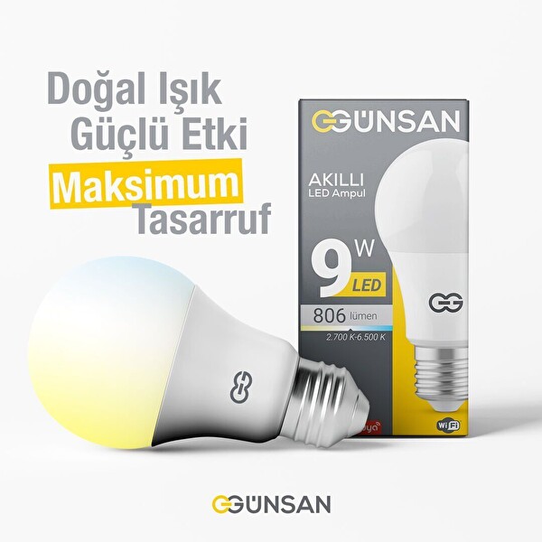 Günsan Akıllı Wifi LED Ampul Beyaz Işık Sesli Komut & Tuya & Smart Life Uyumlu - 9W 2700K-6500K