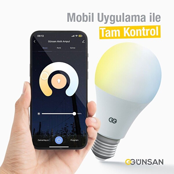 Günsan Akıllı Wifi LED Ampul Beyaz Işık Sesli Komut & Tuya & Smart Life Uyumlu - 9W 2700K-6500K