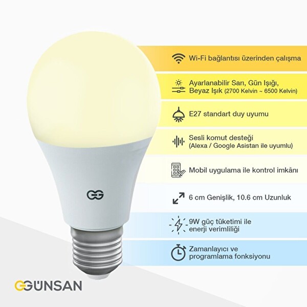 Günsan Akıllı Wifi LED Ampul Beyaz Işık Sesli Komut & Tuya & Smart Life Uyumlu - 9W 2700K-6500K