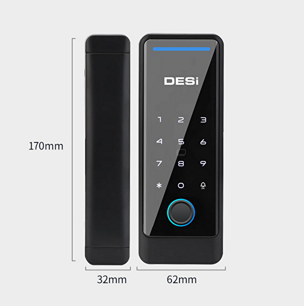 Desi QUiC Q006 Cam Kapılar İçin Akıllı Kilit iOS/Android Uyumlu - Tuş Takımı - Kart Okuyucu - Parmak İzi