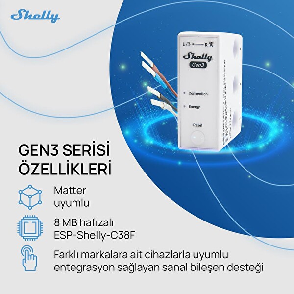 Shelly 3EM-63W Gen3 Akıllı 3 Faz Enerji Ölçer