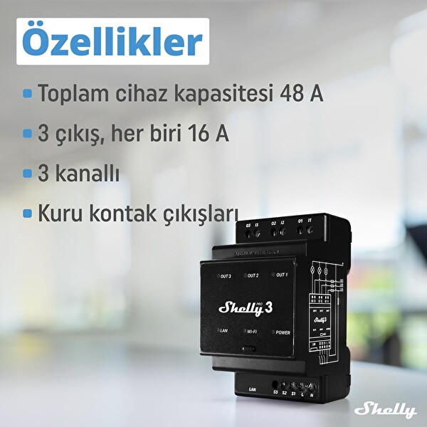 Shelly Pro 3 DIN Ray 3 Kanal Akıllı Röle