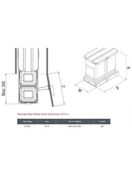 Starax S-2392-G Teleskopik Raylı Plastik 12+12 L Gri Çöp Kovası