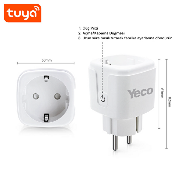 Yeco SP-16 Akıllı Priz Wifi Uyumlu Telefonla Kontrol 16A Akım Korumalı Enerji İzleme 1 Adet