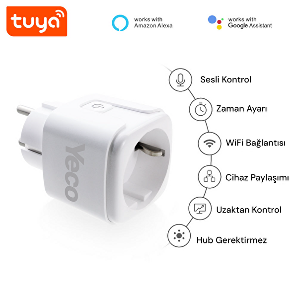 Yeco SP-16 Akıllı Priz Wifi Uyumlu Telefonla Kontrol 16A Akım Korumalı Enerji İzleme 1 Adet