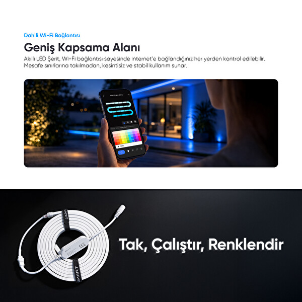 Şımart SM-SLS-25 Akıllı LED Şerit 2.5 Metre Wi-Fi Kontrollü RGB LED Aydınlatma