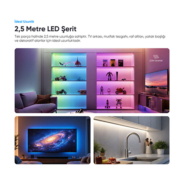 Şımart SM-SLS-25 Akıllı LED Şerit 2.5 Metre Wi-Fi Kontrollü RGB LED Aydınlatma