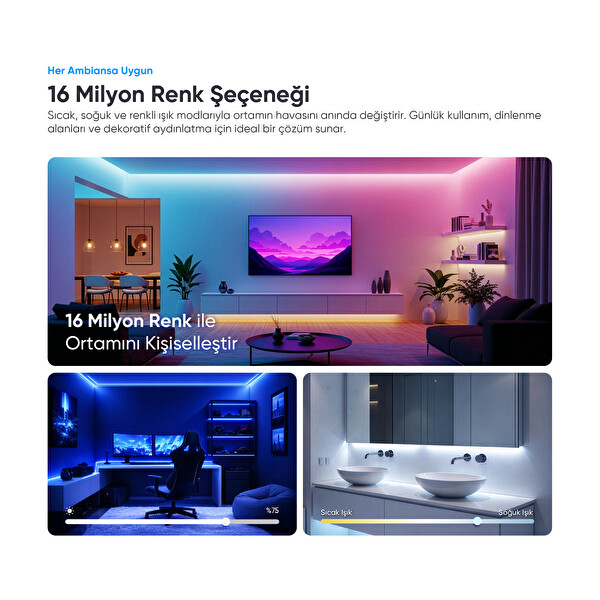 Şımart SM-SLS-25 Akıllı LED Şerit 2.5 Metre Wi-Fi Kontrollü RGB LED Aydınlatma
