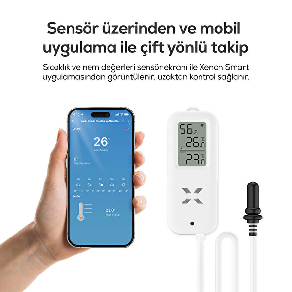 Xenon Smart Akıllı Su Geçirmez Problu WiFi Sıcaklık ve Nem Sensörlü Dijital Termometre X7509