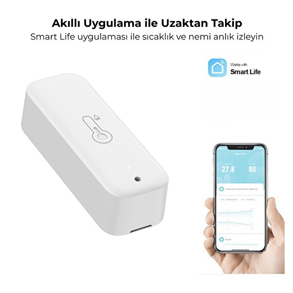 Yeco WiFi Tuya Uyumlu Uygulama Kontrollü Pilli Akıllı Sıcaklık ve Nem Sensörü
