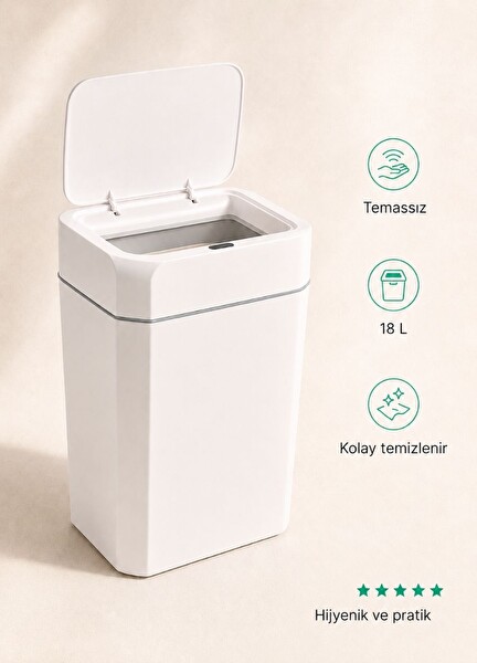 Sensörlü Akıllı Çöp Kovası 18 L - Pilli Otomatik Mutfak Banyo Çöp Kutusu Beyaz 40 cm