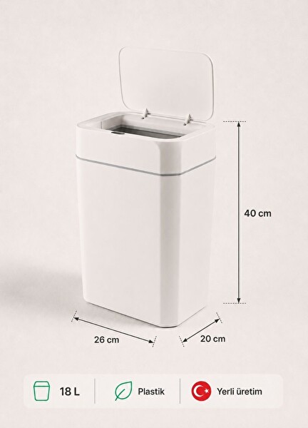 Sensörlü Akıllı Çöp Kovası 18 L - Pilli Otomatik Mutfak Banyo Çöp Kutusu Beyaz 40 cm