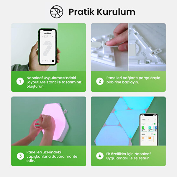 Nanoleaf Shapes Üçgen Akıllı RGBW LED Duvar Paneli Başlangıç Paketi 9'lu Siyah - Apple Home Destekli
