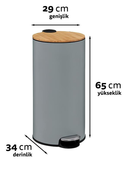 5five Bambu Metal Pedallı 30 L Gri Çöp Kovası