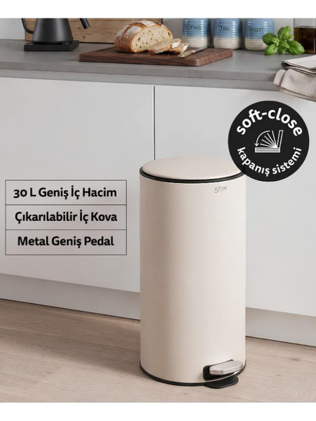 5five Delta Metal Pedallı 30 L Kil Beyaz Çöp Kovası