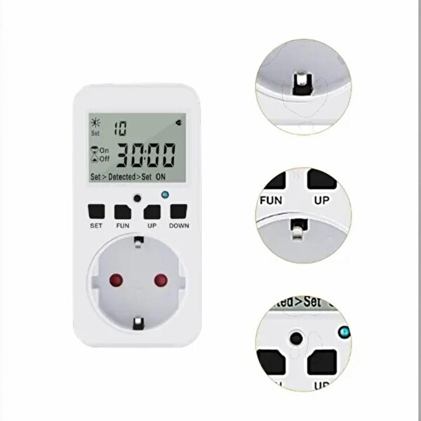 Wellhise TM08 Hassasiyet Ayarlı Fotoselli Priz - 16A 3680W Geri Sayımlı Işık Sensörü