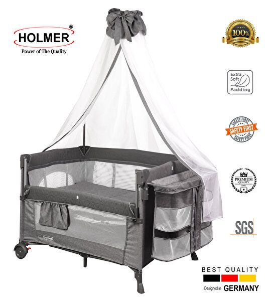 Holmer Holmer Maxi Comfort Coolstyle 70x110 CM Anne Yanı Deluxe Kumaş Cibinlikli Gri Oyun Parkı