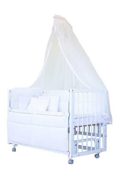 Babycom Beyaz Rüya 60x120 CM Anne Yanı Sallanır Tekerlekli Beşik + Beyaz Uyku Seti