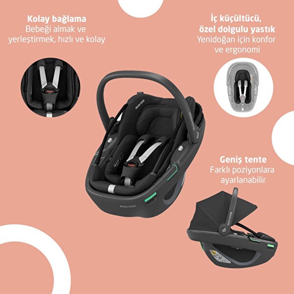 Maxi-Cosi Coral 360 Dönebilir Yatabilir 2'si Bir Arada Modüler Essential Graphite Ana Kucağı Ve Oto Koltuğu