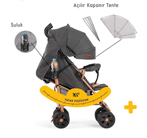 Rival RV111G Gold Sweet Tam Yatar Hafif Baston Antrasit Bebek Arabası
