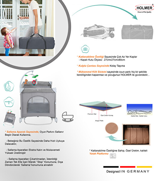 Holmer Maxi Comfort Coolstyle Anne Yanı-Deluxe Kumaş Premium Oyun Parkı Gri - Aloevera Yatak 70x110 CM