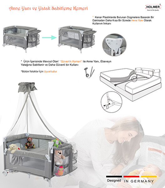 Holmer Maxi Comfort Coolstyle Deluxe Kumaş Cibinlikli Oyun Parkı-Anne Yanı 70x110 CM Açık Gri