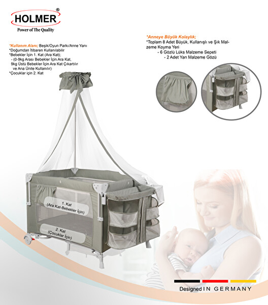 Holmer Maxi Comfort Coolstyle Deluxe Kumaş Cibinlikli Oyun Parkı-Anne Yanı 70x110 CM Açık Gri