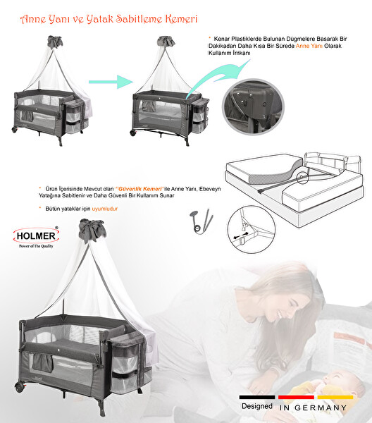Holmer Coolstyle Cibinlikli Anne Yanı Oyun Parkı 70x110 CM Gri - Aloevera Yatak