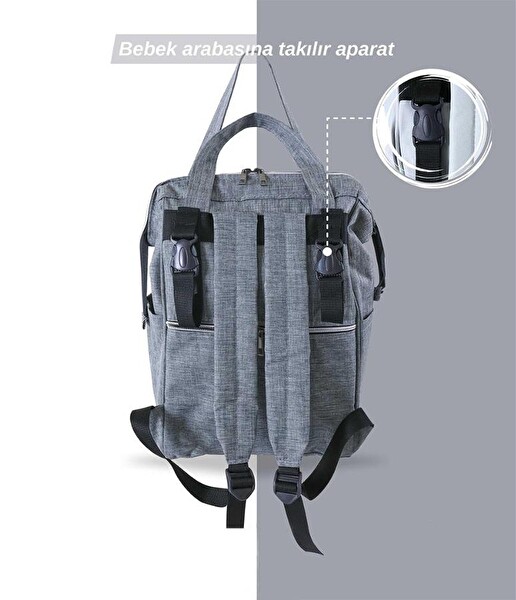 Tommybaby Biberon Termoslu Sıvı Geçirmez Anne Bebek Bakım Sırt Çantası Gri