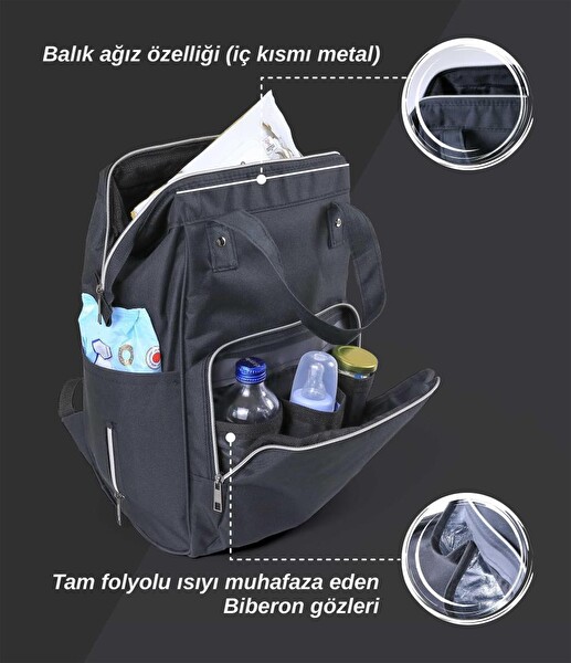 Tommybaby Biberon Termoslu Sıvı Geçirmez Anne Bebek Bakım Sırt Çantası Siyah