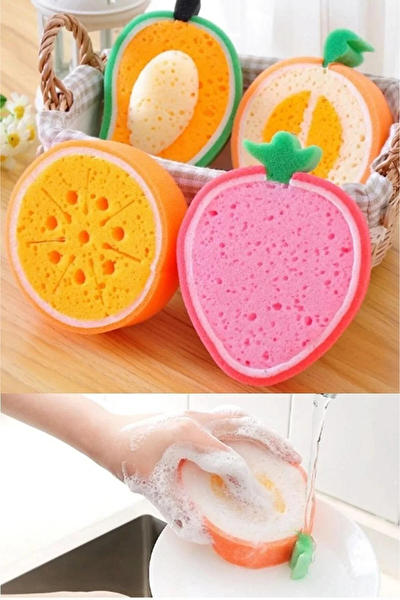 Kitchen Design Lab 2 Adet Meyve Şekilli Sevimli Bulaşık Süngeri Yumuşak Temizlik Süngeri Fırçası Avokado ve Çilek Şekilli