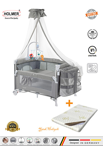 Holmer Anne Yanı Park Yatak Cibinlikli Dönenceli 70x110cm Gri - Yatak