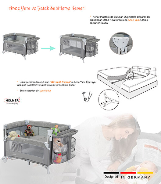 Holmer Coolstyle Anne Yanı Park Yatak Multi Pro Oyun Parkı Beşik Gri