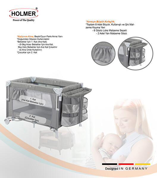 Holmer Coolstyle Yatak Hediyeli Oyun Parkı Anne Yanı Park Yatak Multi Pro Gri
