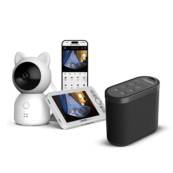 Xenon Smart Akıllı Monitörlü Bebek Kamerası ve Beyaz Gürültü Pış Pış Sesi Bebek Uyku Arkadaşı Seti Siyah