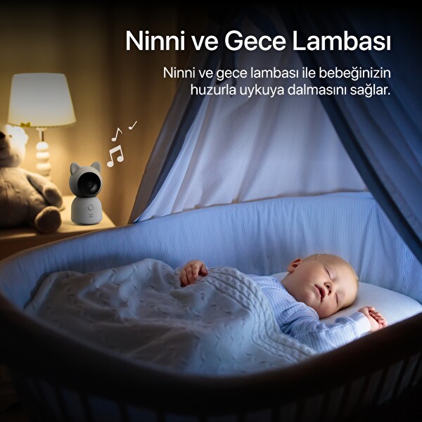Xenon Smart Akıllı Monitörlü Bebek Kamerası ve Beyaz Gürültü Pış Pış Sesi Bebek Uyku Arkadaşı Seti Siyah