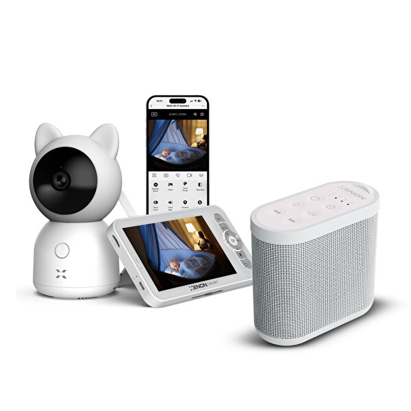 Xenon Smart Akıllı Monitörlü Bebek Kamerası ve Beyaz Gürültü Pış Pış Sesi Bebek Uyku Arkadaşı Seti