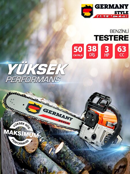 Germany Style Alman Benzinli Testere 15 Hpx 63cc Ağaç Odun Dal Kesme Makinesi Motorlu Testere Yeni Nesil Motor 38 Diş